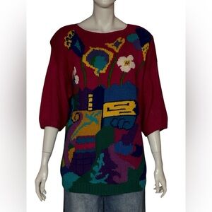 Jennifer Reed Knitted By Hand Womens Size M Multicolor Floeal Print Sweater